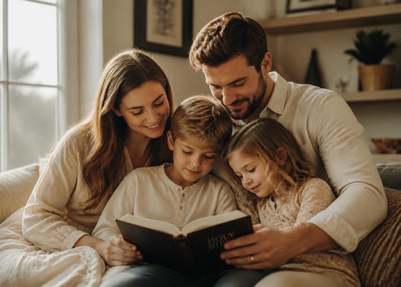 A young Christian family reading the Bible together at home