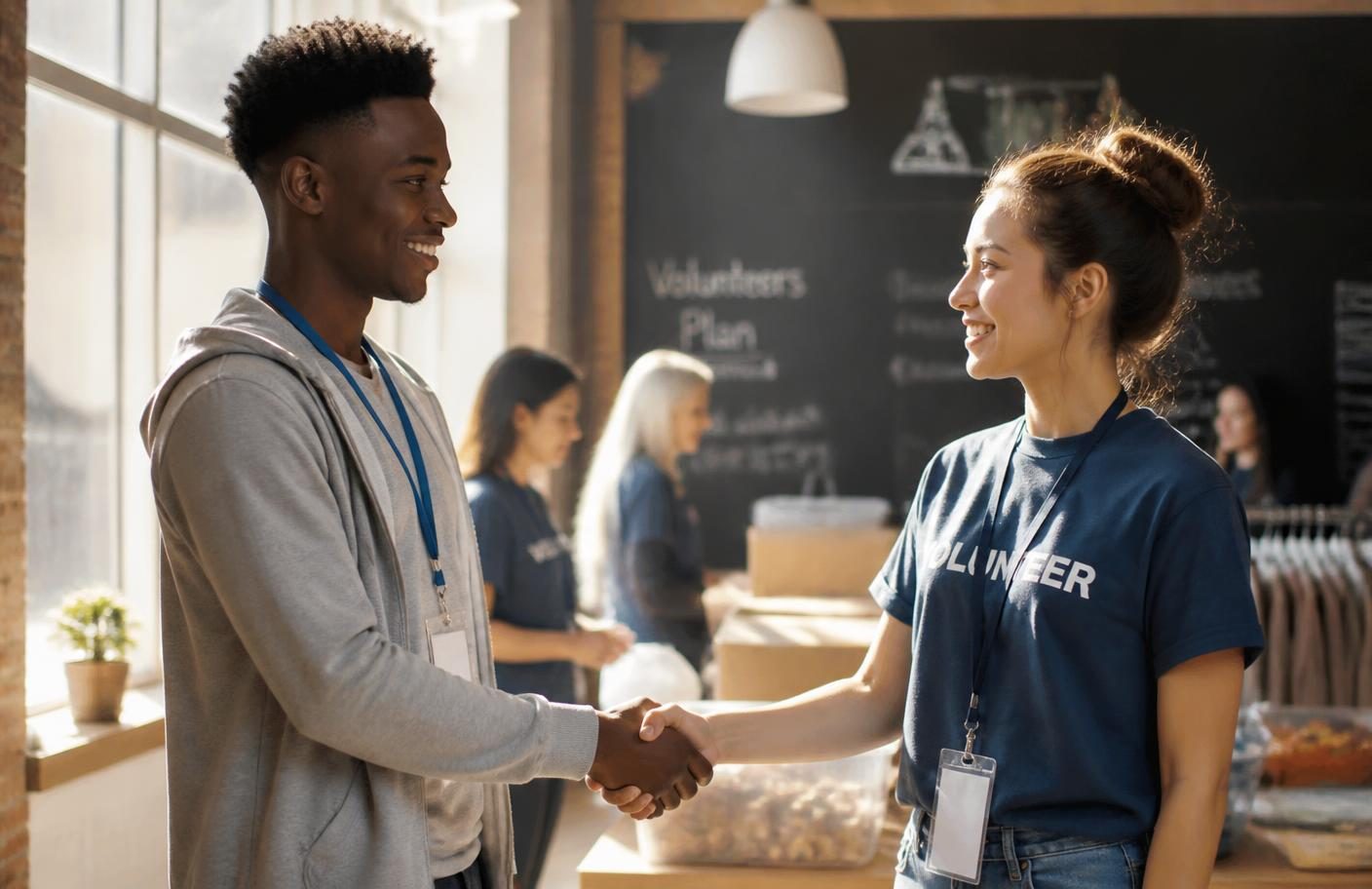 Two young volunteers shaking hands and smiling